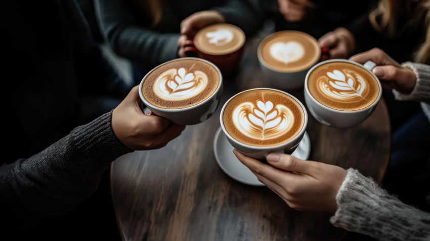 A group of friends sitting around an urban cafe table sharing coffee cups with intricate latte art