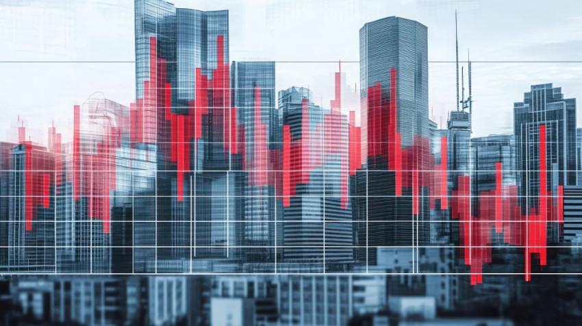 Stock market graph with red and black colors showing falling financial trends city skyline