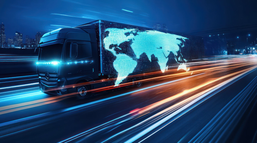 A digital truck moving at high speed with world map symbolizing global logistics