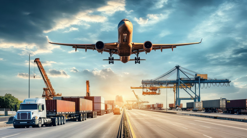 Cargo plane flying above highway with trucks and cranes unloading containers busy logistics scene