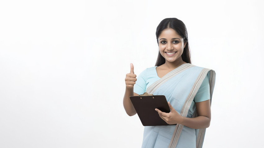 Indian woman standing and holding a clipboard showing a thumbs up gesture job candidate theme