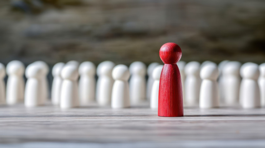 Red wooden figure standing out from a crowd of white ones job candidate concept