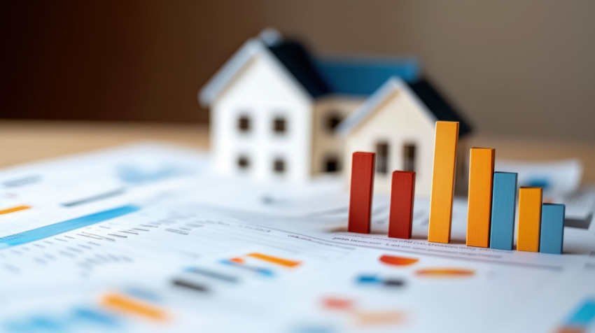 Bar graph showing house market growth with house model placed beside it credit ratings concept