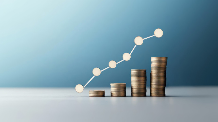 A graph going upwards on stacks of coins with a blue background credit ratings theme