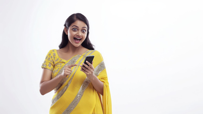 Indian woman excitedly pointing at her phone against a plain white background customer needs theme