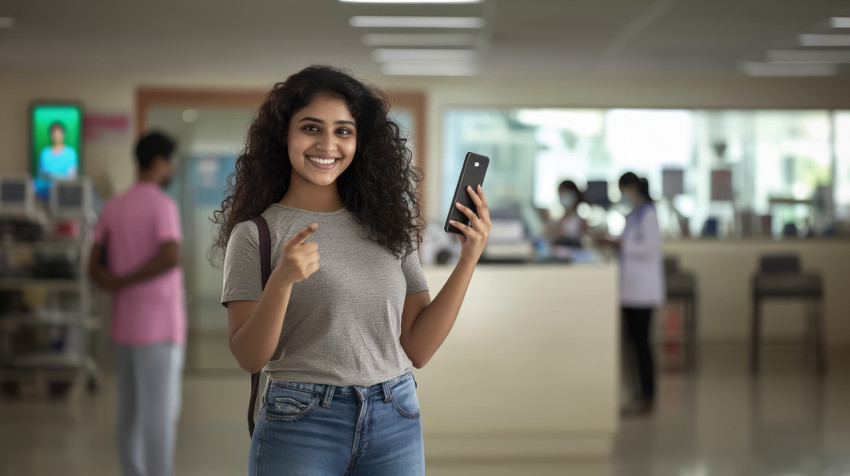 Indian woman holding up her phone with an office background customer needs theme