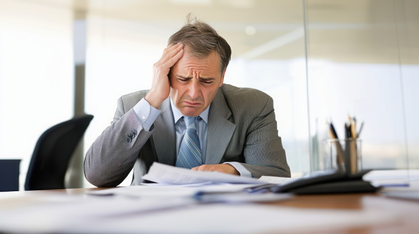 Businessman sitting at a desk looking stressed and holding his head in one hand low employment idea