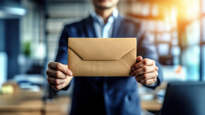 Businessman holding an envelope and showing it to the camera in an office Incentives theme