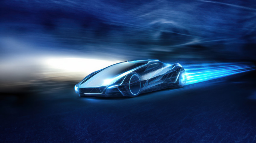 High speed electric car with blue light speed effect and glowing lines