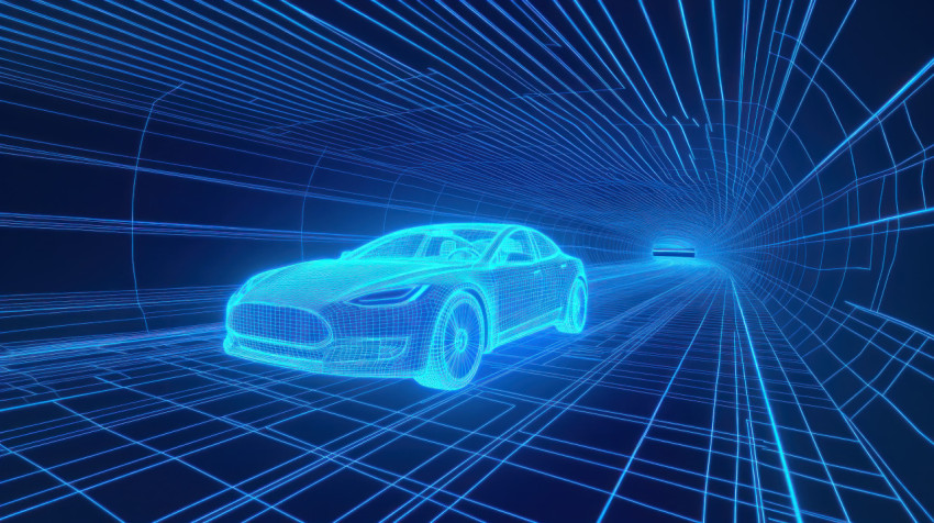 Wireframe hologram of electric car driving through tunnel