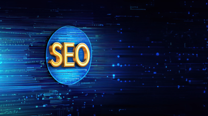 The word SEO in shiny golden letters is displayed on a blue circuit board against a dark blue backdrop