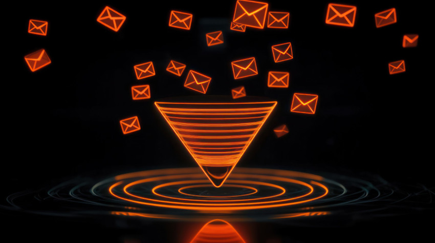 A glowing funnel with floating envelopes representing the busy digital world of email marketing