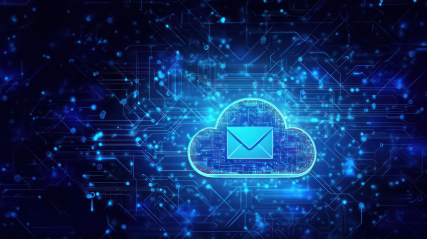 Cloud icon with an envelope inside surrounded by circuit patterns and digital elements on a blue background