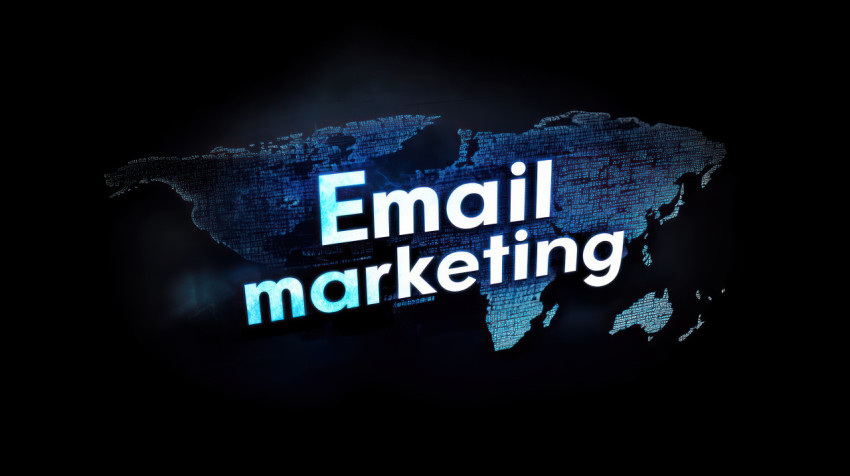 Words Email Marketing on a digital background featuring a world map