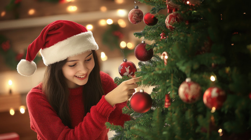 Young woman decorating a christmas tree wearing a santa hat and red sweater