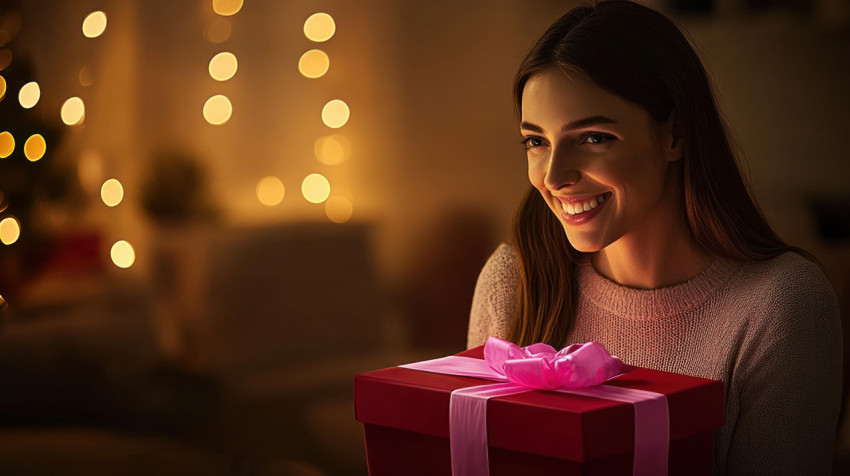 Christmas woman smiling while holding and looking at a gift box with a pink ribbon