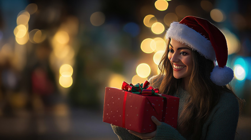 Beautiful woman opening christmas present holding red gift box smiling with happiness