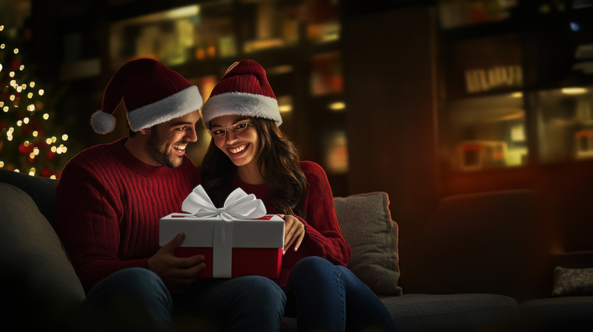 Happy couple on sofa wearing christmas hats opening a gift box with ribbon near a glowing fireplace