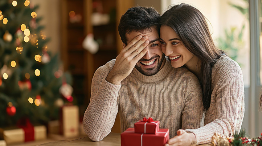 Christmas happy man covering his eyes surprised by an elegant woman while sitting at a table