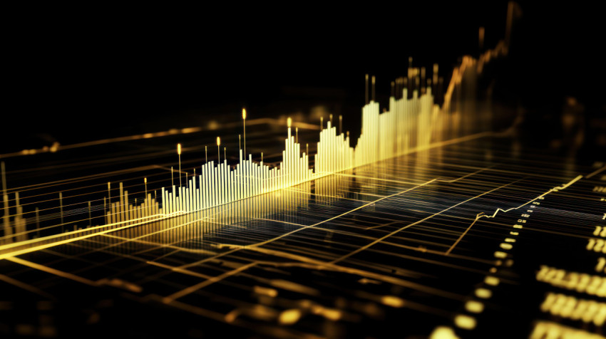 Gold and black background with golden financial graphs with stock charts and curve lines