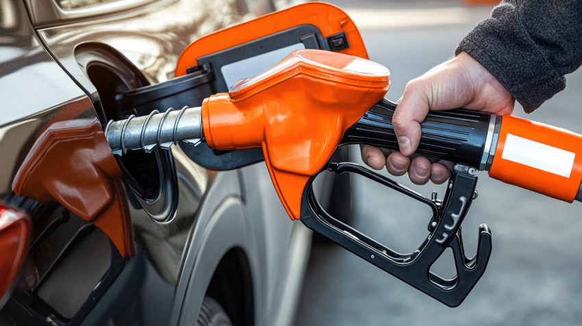 Hand holding cng gas pump filling a car refueling vehicle at station