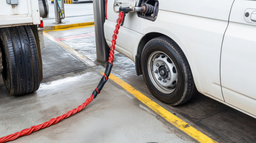 Truck air line connected to vehicle with black and red plastic hoses focus on connection