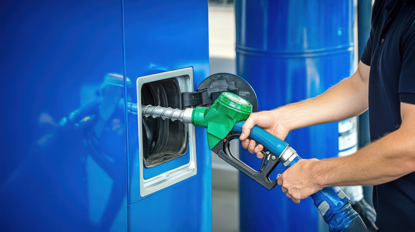 Close up of hands refueling car with cng gas from a station green and white logo visible on door