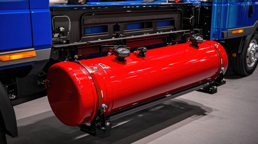 Red natural gas tank mounted under a blue van with no wheels visible displayed at a truck show