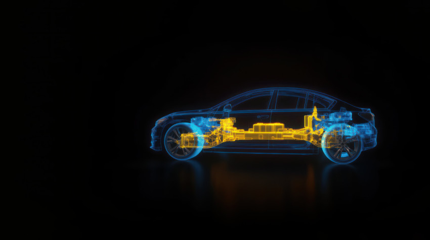 3D rendering of a glowing yellow mechanical structure inside a blue transparent car outline against a black background