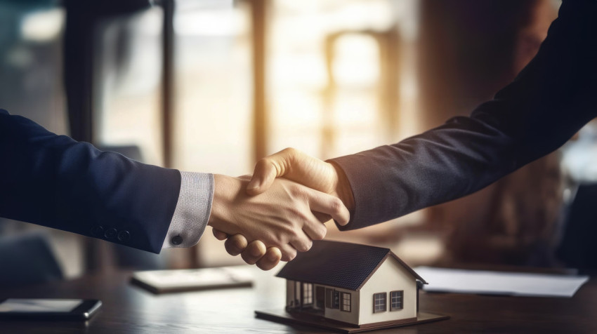 Handshake between real estate agent and client at a table with a house model