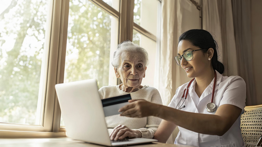 Nurse helping an elderly woman use a credit card for online payment