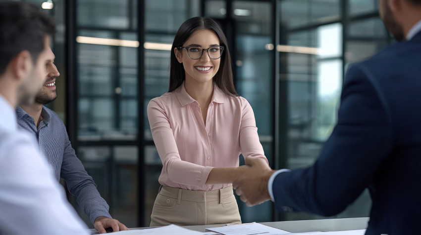 Elegant woman in professional attire smiling and shaking hands with two men beside her during