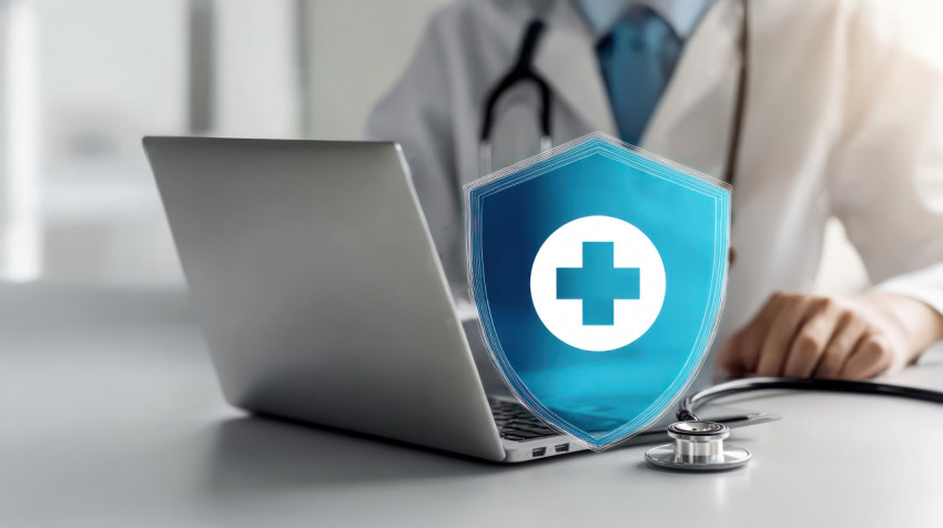 Blue shield with white cross surrounded by medical icons positioned above open laptop