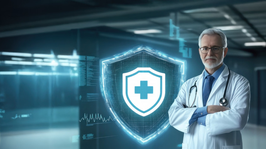 Senior doctor standing before AI security shield symbolizing protection and support in healthcare