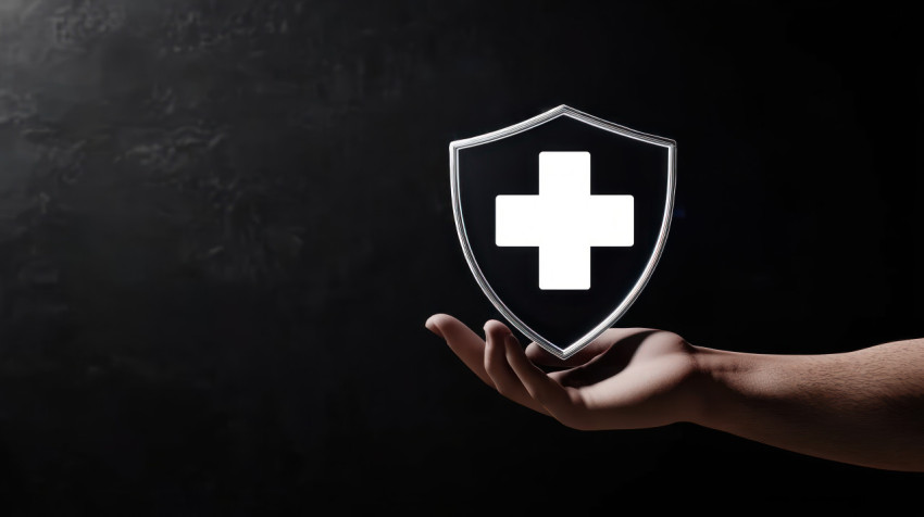 Hand holding shield with medical cross and blue light effect on dark background