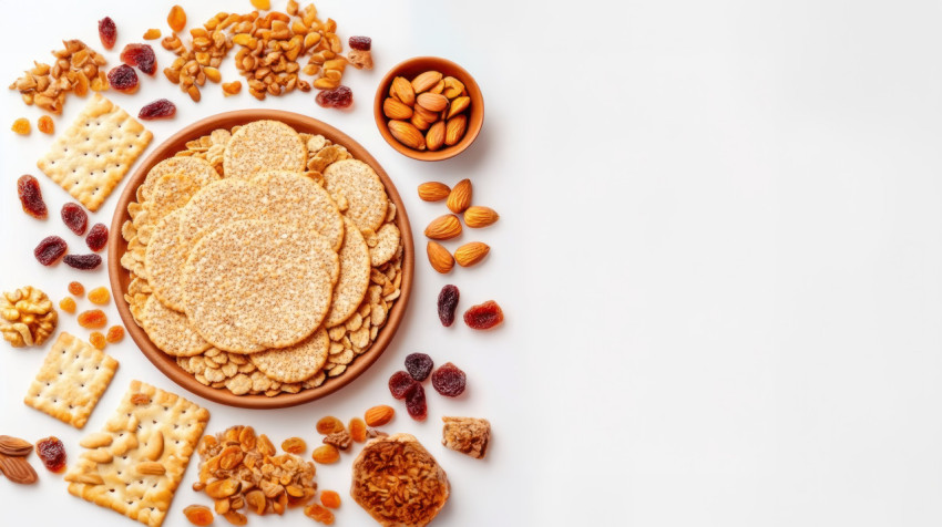 Whole grain wheat and saltine crackers on a plate with nuts and dried fruits around it