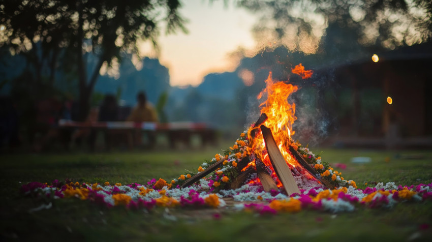 Bonfire decorated with flowers on blurred background