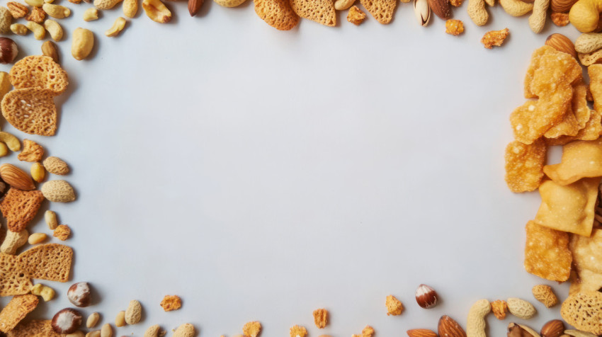 Various types of snacks nuts and seeds arranged in a frame pattern