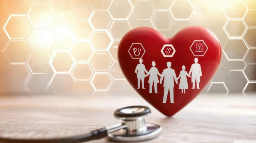 Heart shaped design with family figures and medical icons background symbolizing family wellness