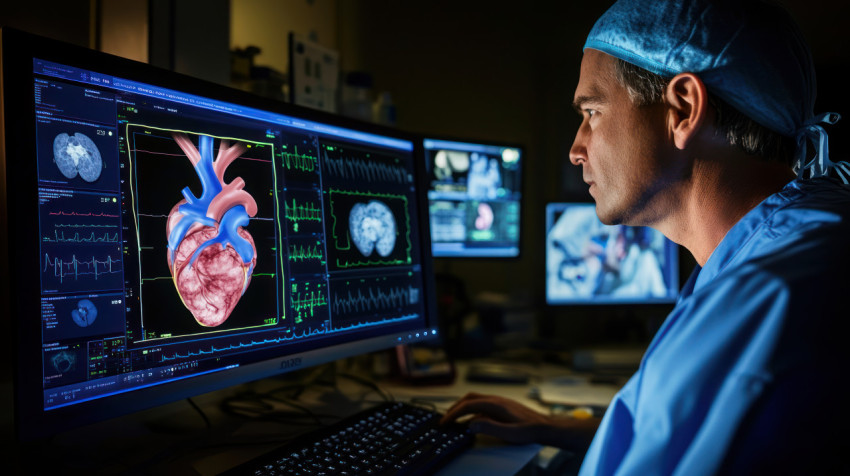 Doctor in blue scrubs viewing arterial embolization on computer screen