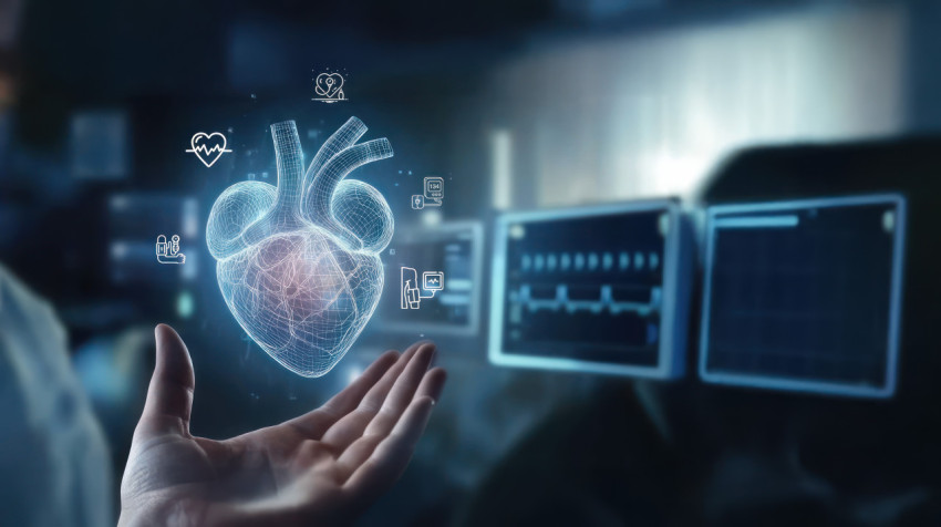 AI generated holographic heart projection above hand