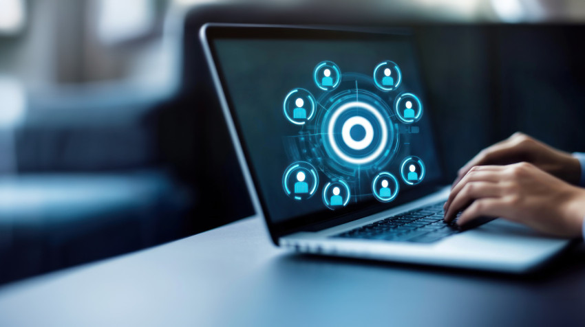 Businessman typing on laptop with target icon and people icons