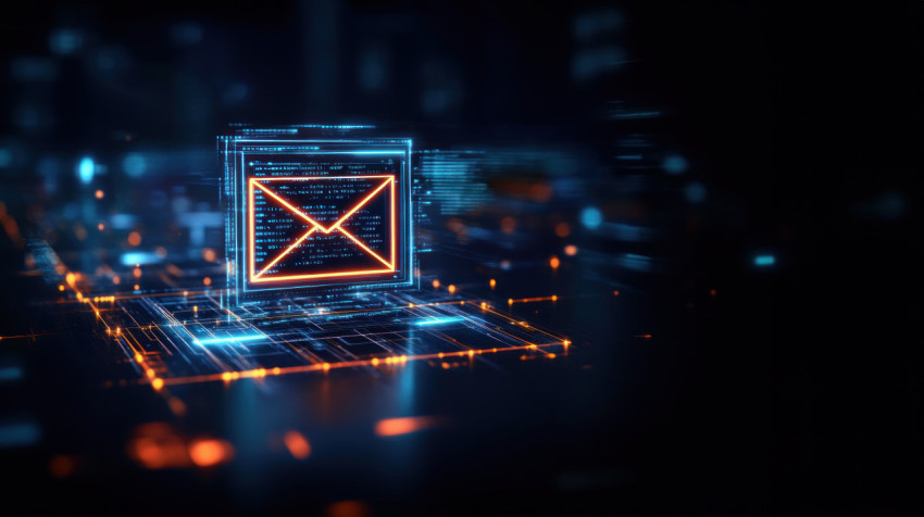 AI classified email with a glowing envelope icon amid holographic data streams