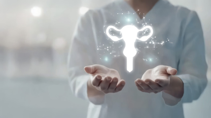 Person holding hands out with hologram of female uterus above