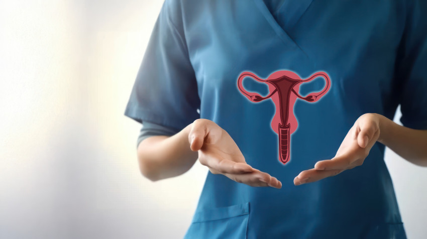 Doctor holding hologram of healthy female uterus expressing openness and compassion