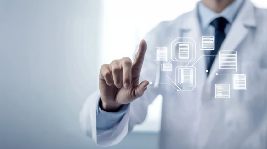 Doctor in a white coat touching a healthcare system icon with floating medical document icons next to it