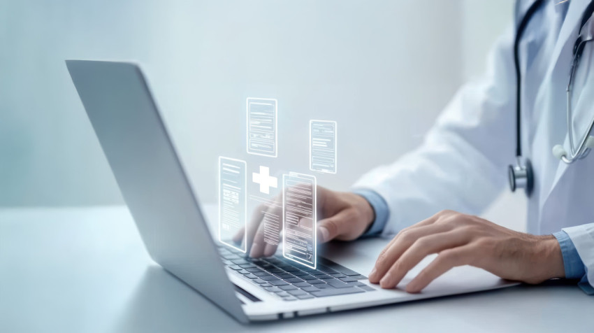 Doctor working on a laptop with digital medical forms and icons of various document types floating in the foreground