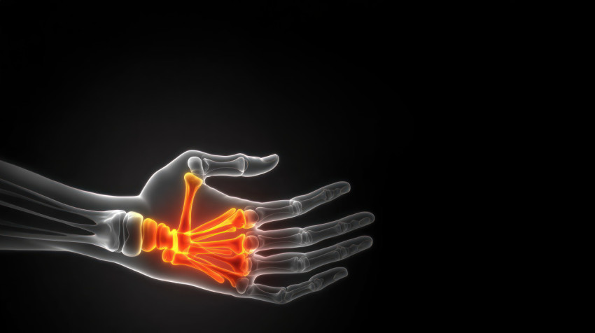 Graphic X ray of a hand focusing on wrist and finger pain glowing red area highlights joint discomfort