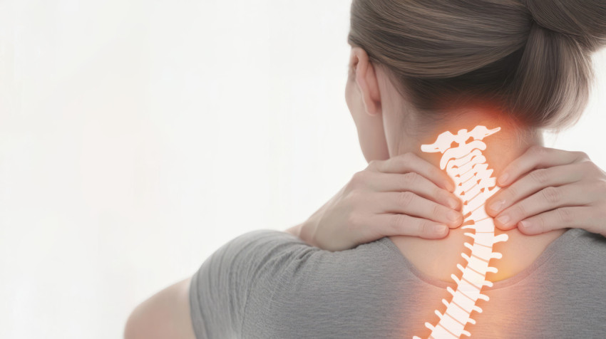 Woman holding her neck in pain while doing an intense yoga pose on a white background Highlights stiffness and discomfort