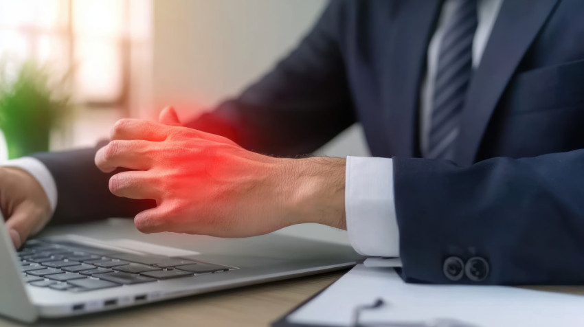 Office worker in pain holding shoulder near a laptop glowing red marks highlight discomfort